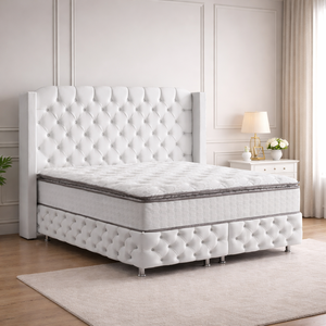 Ensemble de lit turc de style contemporain avec sommier relevable et rangement, tête de lit capitonnée de luxe, matelas Bonnel Hercules de qualité supérieure, mobilier de maison - Product Image 1