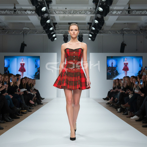 Corsé de acero con varillas, estilo overbust, de tartán rojo, sin tirantes, con falda acampanada - Product Image 5