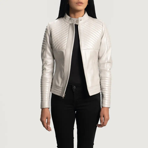 Veste de motard OEM en cuir véritable en peau de mouton à fermeture éclair pour femmes Silver Ice Maiden matelassée avec doublure matelassée respirante à l'intérieur et à l'extérieur - Product Image 4