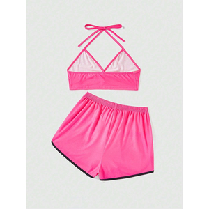 Ensemble court 2 pièces pour femme, style décontracté, de bonne qualité, très vendu, avec logo personnalisé brodé, en tissu polyester/coton respirant et uni - Product Image 2