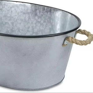 Large Oval Metal Bucket with <b>Rope</b> Handle Rim Galvanized Gray Brown <b>Black</b>-for Party Decorations - Product Image 4