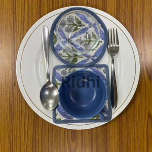 Light Steel <b>Blue</b> Quilted Piping <b>Coasters</b> Set 5x5" Bohemian Eco-Friendly Hand Block Printed Reusable Fabric Home Offices Cafes - Product Image 4