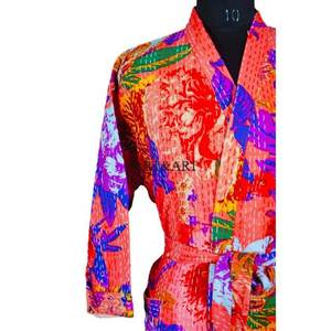 Kimono de Algodón Indio con Parches Kantha, Elegante, Vintage, Acolchado, Tejido, de Manga Larga para Otoño, Bata para Mujer - Product Image 6