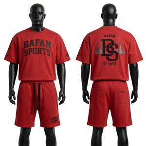 Mens cotton polyester 180 GSM breathable red tshirt and shorts <b>set</b> soft <b>knit</b> fabric screen print custom logo men's 2 Pieces <b>Sets</b> - Product Image 1