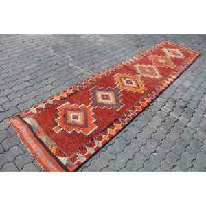 Vintage <b>Runner</b> Rug 2.6x11.6 ft, <b>Red</b> Solid Turkish Wool Rug - Product Image 3