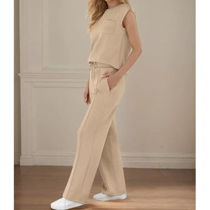 Ensemble de vêtements de détente d'été 2 pièces pour femmes débardeur court pantalon de survêtement à jambes larges survêtement tenues décontractées - Product Image 2