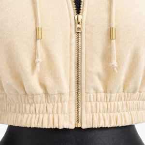 Sudadera con capucha corta para mujer con cremallera completa, dobladillo elástico, forro polar, manga abullonada, color liso, logotipo personalizado, OEM, marca privada - Product Image 4