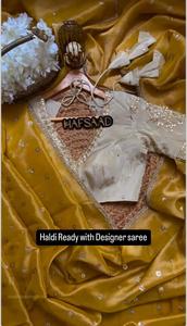 Sari de Tela de Sarga con Encaje, Hilos y Lentejuelas, Mono Banglori de Seda con Hilos y Lentejuelas, Pieza de Blusa Sin Coser - Product Image 4