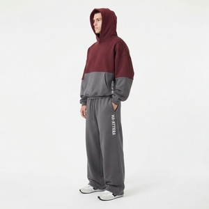 <b>men</b> <b>hoodie</b> jogger set <b>burgundy</b> gray tracksuit color block tracksuit cotton fleece tracksuit oversized <b>hoodie</b> set jogger pants - Product Image 1