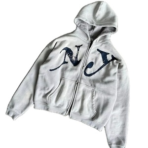 Sweat à capuche surdimensionné pour homme, style universitaire, en molleton polaire d'hiver, avec fermeture éclair, broderie 3D, patch en strass, streetwear vintage - Product Image 3