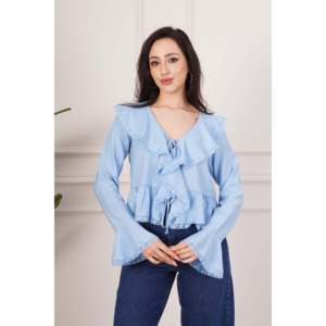 Blusa Elegante para Mujer LUSTRIN, con Detalle de Encaje Azul, Cuello con Lazo, 100% Poliéster, Manga Larga, Estilo Casual para Uso Diario - Product Image 1
