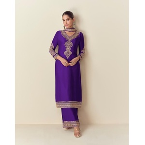 Fantaisie Chinon soie broderie séquence travail Kurta ensemble prêt à porter haut bas Dupatta prix de gros pour indien pakistanais vêtements - Product Image 1