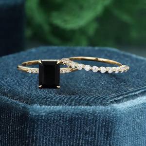 Black Onyx Ring Emerald Cut Ring Set Of 2PCS 925 Sterling <b>Silver</b> 14K Gold Plated Wedding Anniversary Ring - Product Image 3