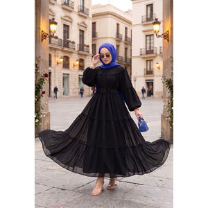 Vestido de Gasa Negro Sólido con Capas y Elegante Detalle Translúcido, Cintura Imperio, Tallas XS a XL, Estilo Discreto para el Día o para Salir de Noche - Product Image 1