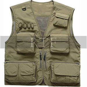 Gilets de chasse été en plein air voyage Style foncé marron toile Logo personnalisé multi-poches gilet de pêche gilet pour hommes - Product Image 4