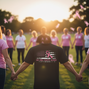 T-shirt con bandiera americana e nastro rosa contro il cancro al seno: Nessuno combatte da solo - per uso promozionale - Product Image 1