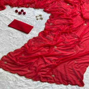 Sari VASTRA COTTAGE de georgette sintética pura con cuentas y lentejuelas, hecho a mano, con blusa sin coser a juego, sari para fiesta. - Product Image 4