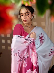 Sari de Seda con Estampado Floral Degradado Magenta Elegante al por Mayor, Lujoso Satén Suave, Ropa Tradicional India para Mujer, Invierno y Verano - Product Image 5