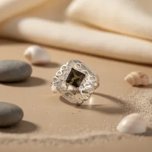 Anillo de cóctel vintage para mujer con gema de cuarzo ahumado natural, piedra cuadrada, plata de ley, diseño geométrico, engaste de bisel, a la moda - Product Image 2
