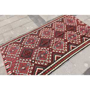 Alfombra de lana negra y roja Kilim de área grande, 3,7x7,1 pies, tejido plano turco, respaldo de látex, pila de felpa para habitación de pasillo, Alfombra de habitación modelo - Product Image 2