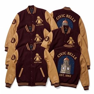 Blouson universitaire en laine anthracite avec broderie River Risings Resurgence et manches en cuir crème, style bomber, vente en gros - Product Image 4