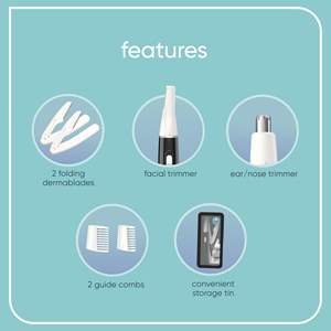 ชุดอุปกรณ์ตัดแต่งขนบนใบหน้าแบบพกพาออลอินวันสำหรับผู้หญิง ชุด 9 ชิ้น 2 ใบมีดเดอร์มาเบลด ใช้พลังงานจากแบตเตอรี่ USB สำหรับใบหน้า หู/จมูก คิ้ว - Product Image 6