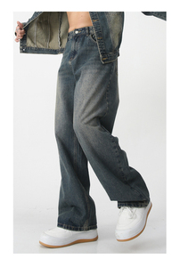 Custom <b>Men's</b> 2025 Blue High Street Distressed Denim Pants-Summer Vintage Style New Straight Washed <b>Wide</b> <b>Leg</b> <b>Jeans</b> Solid Pattern - Product Image 3