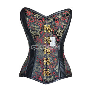 Red Dragon Brocade Overbust Waist Slimming Bustier <b>Corset</b> With leather Panels & Front Antique Clasp Closure - Product Image 3