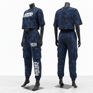 ชุดเซ็ตเสื้อครอปและกางเกงขายาวผ้าฟลีซคอตตอนโพลีเอสเตอร์เนื้อหนัก 280 GSM สีน้ำเงินกรมท่า สำหรับผู้หญิง พร้อมสกรีนโลโก้ตามสั่ง - Product Image 4
