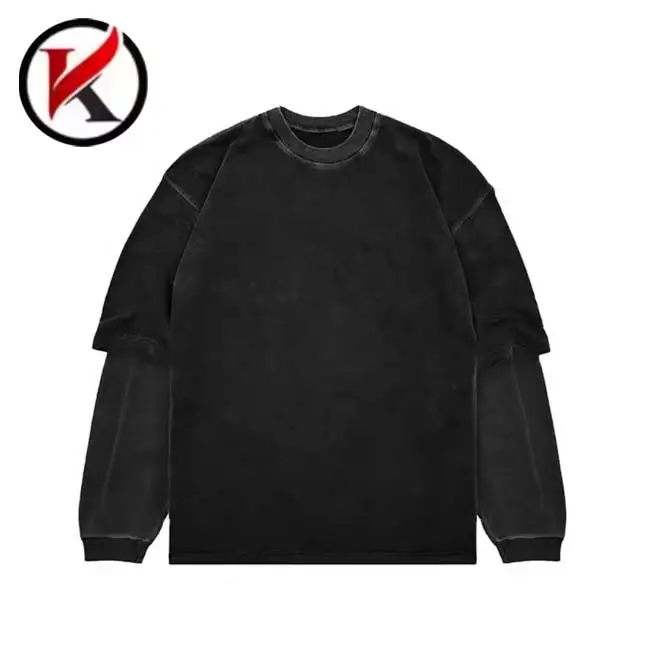 इसके विपरीत लंबी आस्तीन टी-शर्ट विंटेज डबल लेयर कस्टमाइज़ लोगो कस्टम लोगो कैजुअल एसिड धोया काला सफेद उच्च गुणवत्ता