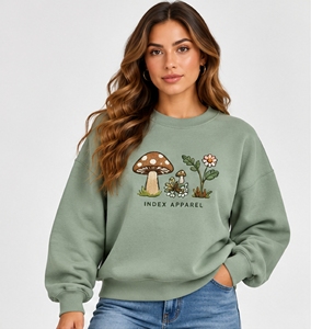 Sudadera Verde de Cuello Redondo para Mujer, Marca Index Apparel, Manga Larga, Diseño Floral con Bordado de Hongos, Estilo Casual para Otoño - Product Image 1