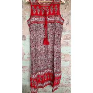 Vestido midi rojo sin mangas con estampado floral, material de nailon/algodón, decoración con borlas, elegante. - Product Image 1