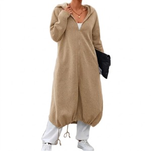 Oversized Long Hooded <b>Cardigan</b> Women Plus Size Solid Color Knitted Full Sleeve Autumn Casual Coat Beige - Product Image 1