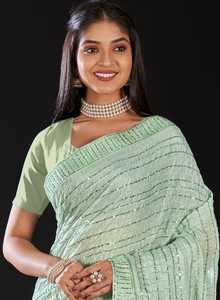 Collection de vêtements ethniques indiens vente chaude Chemisier Saree en mousseline de soie Chinon avec fabricant de travaux de broderie de l'Inde - Product Image 4