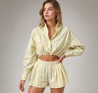 Ensemble chemise et short rayé à manches longues en coton, nouvelle collection printemps, col chemise, décontracté, deux pièces, séchage rapide, respirant, pour femme
