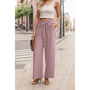 Gray <b>Pink</b> Stripe Color Wide Leg Pants With Pockets High Waist Adjustable Knot Loose Casual Trousers Business Work Casual Pants - Product Image 2