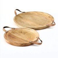 Lot de 2 Plateaux en bois de manguier naturel Assiettes de service en bois Poignée en bande Salade Fruits Nourriture Cookie Apéritif Plats de service