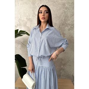 เสื้อเชิ้ตลายทางสีน้ำเงินสำหรับผู้หญิง ยี่ห้อเอลิซา แฟชั่น พร้อมคอร์เซ็ทและกระโปรงจับจีบ-สีน้ำเงิน - Product Image 3