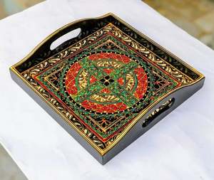 Bandeja de servicio de madera pintada a mano de forma cuadrada Swati Art, bandejas pintadas a mano Swati, bandeja grande pintada a mano - Product Image 5