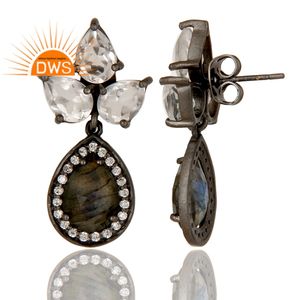 Boucles d'oreilles pendantes en argent et Rhodium noir, Labradorite et cristal, dernière conception, fabricant de bijoux Demi-fins - Product Image 3