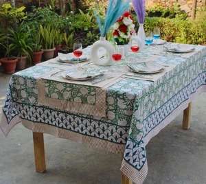 Handblock Printed <b>Tablecloth</b> Green and White Vintage <b>Tablecloth</b> Farmhouse Decor Wedding <b>Tablecloth</b> Custom Size Cotton Tablecover - Product Image 3