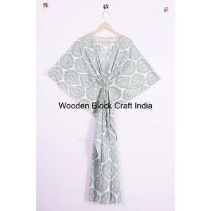 100% Cotton Indian <b>Bohemian</b> Kaftan <b>Dress</b> V-neck Solid Pattern Women's Summer Night Wear - Product Image 1