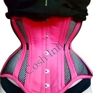 Corset rose vif en satin avec empiècements en résille, à baleines en acier, effet sablier, avec laçage serré |   COSH Intl - Product Image 1