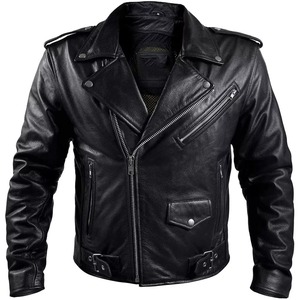 High Quality Men's Casual Stand Collar Cow <b>Skin</b> Motorcycle Leather Jacket with Zipper Pockets - Product Image 1