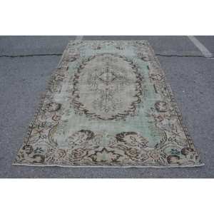Tapis Vintage Turc 5.4 X 8.8ft Vert Beige Laine avec Motif Abstrait Style Tabriz pour Entrée ou Couloir 9x12 Rectangle - Product Image 1