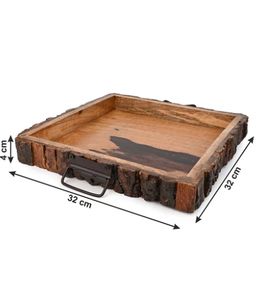 Bandeja de servicio de corteza de madera natural cuadrada con asas de metal, bandeja de mayordomo rústica, mesa de comedor de campo para centro de mesa, organizador de escritorio - Product Image 2