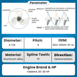 Hélice hors-bord en alliage d'aluminium RH à 3 pales 9 7/8"X9" compatible avec les moteurs Yamaha 20/25/30 HP OEM 664-45941-01-EL - Product Image 2
