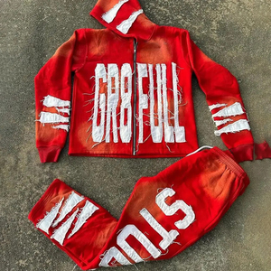 Conjunto Deportivo de 2 Piezas para Hombre, Talla Grande, Invierno, con Capucha, Apliques de Pedrería, Bordado y Diseño Patchwork - Product Image 1