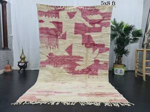 Tapis berbère 5x8 fait à la main tapis marocain abstrait Beni Mrirt Shag blanc et rose tapis de laine de haute qualité au meilleur prix - Product Image 6
