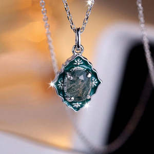 NOVAMART Fine Hallmarked Silver Geometric Vintage Meena <b>Pendant</b> with Chain Rhodium-Plated Emerald Cut Sapphire Ruby <b>Opal</b> Inlaid - Product Image 2